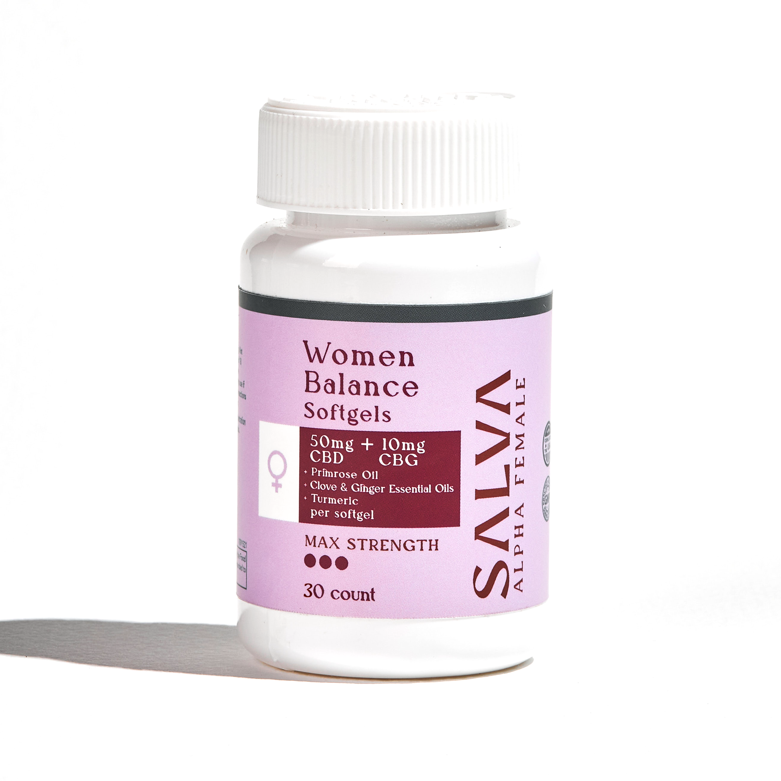 SALVA Alpha Women Balance Softgels: 50mg + 10 mg CBD CBG + Primrose Oil + Clove & Ginger Essential Oils + Turmeric (30 count)