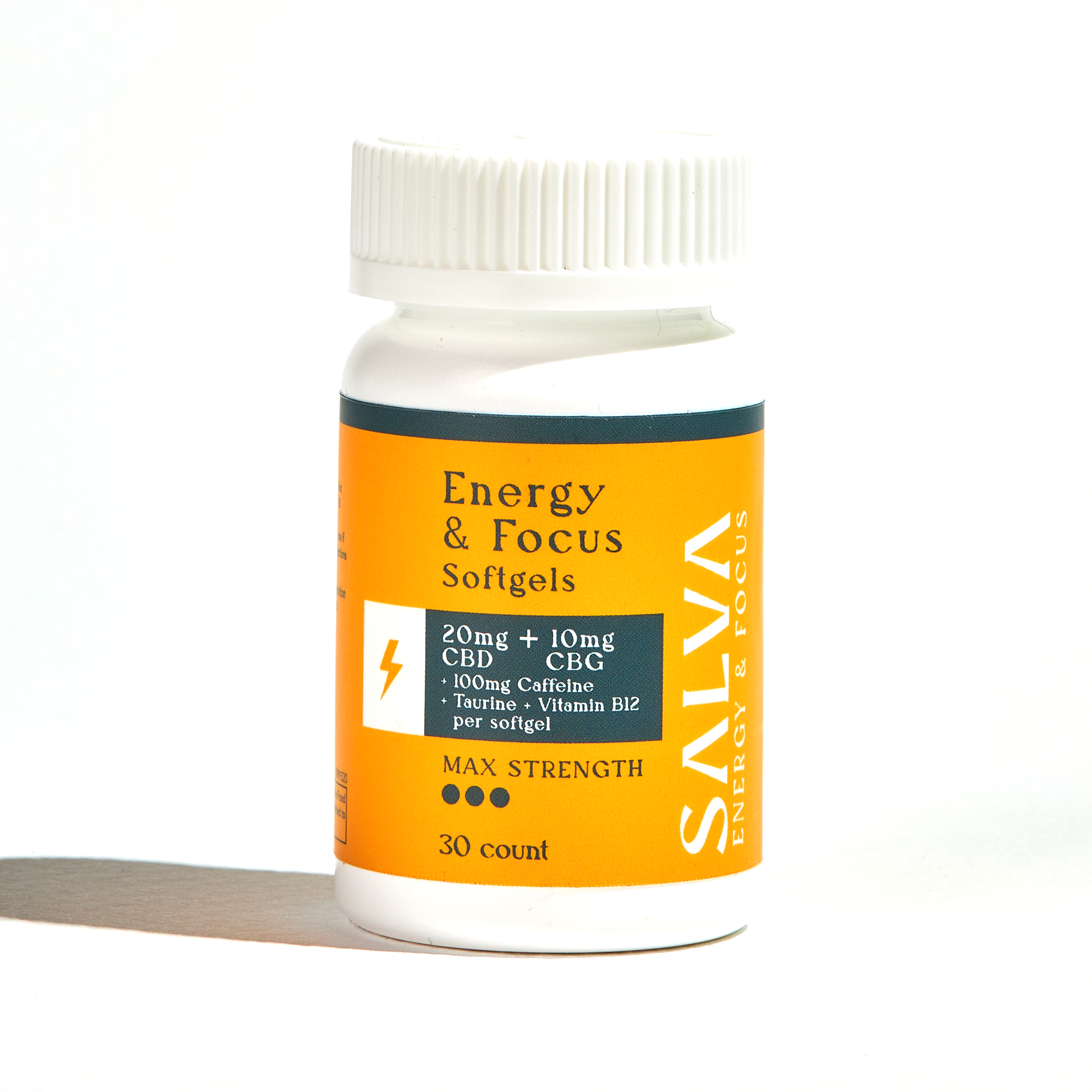 SALVA Energy & Focus Softgels: 20mg CBD + 10mg CBG + 100mg Caffeine + Taurine + Vitamin B12 (30 count)